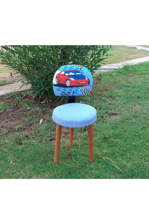 Depolife Çocuk Odası Mavi Araba Desenli Oturma Koltuğu Ders Çalışma Oyun Faliyet Sandalyesi Ahşap Gürgen Ayak - 2