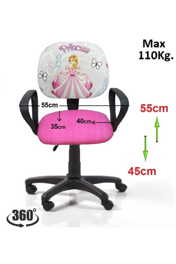 Depolife Çocuk Odası Ders Çalışma Ofis Koltuğu Sindirella Prenses Desenli Çocuk Sandalyesi Pembe - Resim 2