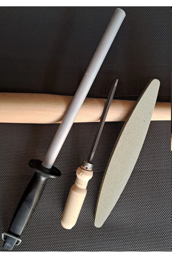 Depolife bıçak bileme oval masat ince eğe ve bileme taşı seti satır nacak bileme için 3lü set - 2
