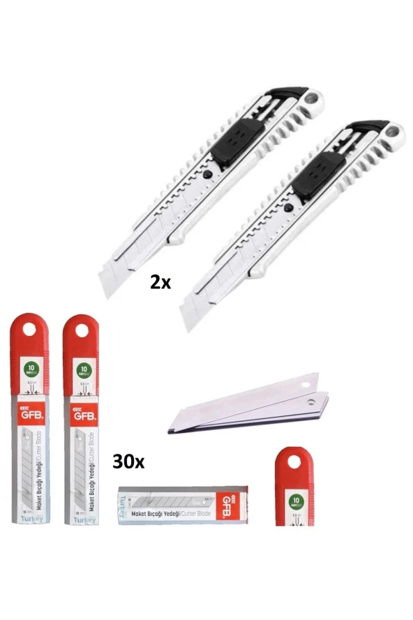Depolife Metal Falçata 2 adet ve 30 adet falçata yedek bıçağı seti GFB maket bıçağı 0.5mm