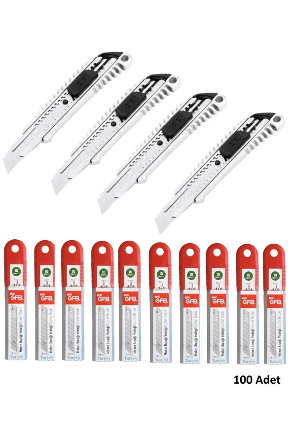 Depolife Metal Falçata 4 adet ve 100 adet falçata yedek bıçağı seti GFB maket bıçağı 0.5mm