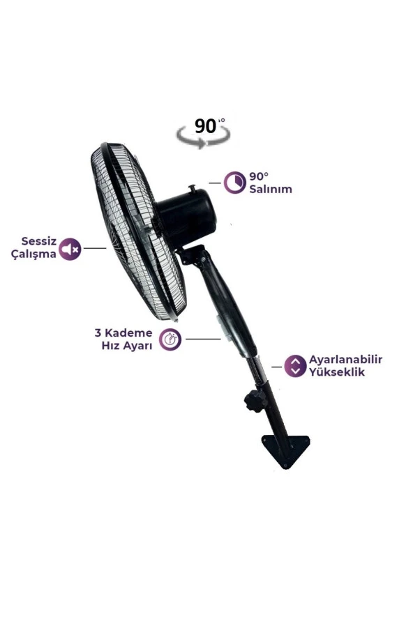 Depolife Duvar Için Hava Vantilatörü 90 Derece Döner Kafa Duvar Montajlı Pervane 40cm 55w Siyah Fan - 2
