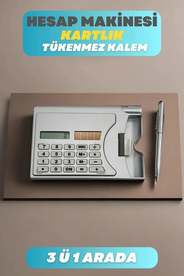 3'ü 1 Arada Taşınabilir 8 Haneli Güneş Enerjili Hesap Makinesi Kartvizitlik Tükenmez Kalem