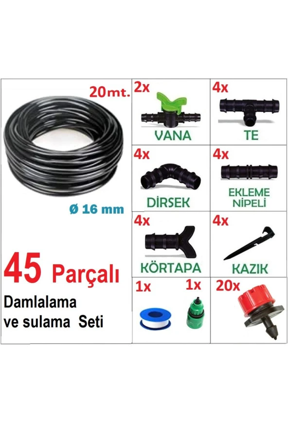 Bahçe bitki fidan sulama damlalama seti 45 parçalı hortum boru nozul ve boru bağlantı aparatları ürün görseli 1