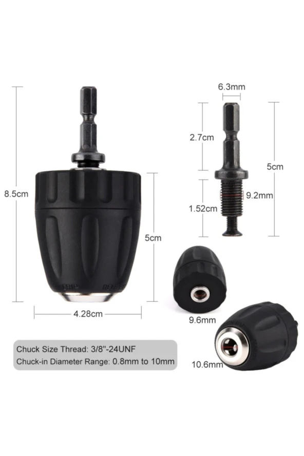 Depolife Şarjlı Vidama Matkap Için 1/4 Hex Adaptörlü Mandren 10mm 3/8 Mm Otomatik Anahtarsız Süpra Mandren - 2