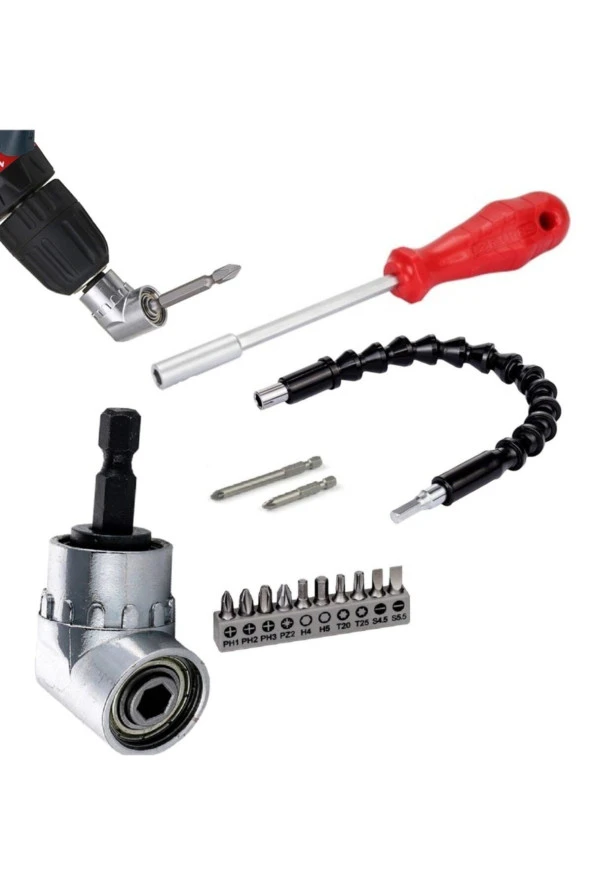 Depolife Köşe Vidalama 1/4 Hex Adaptörü Altıgen Bits Tornavida Esnek Hortum Lokma Tornavida 15 Parça Matkap