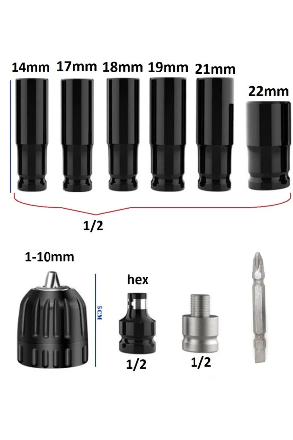 Depolife Somun Sökme Sıkma Torklu Makine Için 6lı Lokma Seti Ve Bits Adaptör 1/2 Hex Ağır Hizmet Lokma Bijon - 3