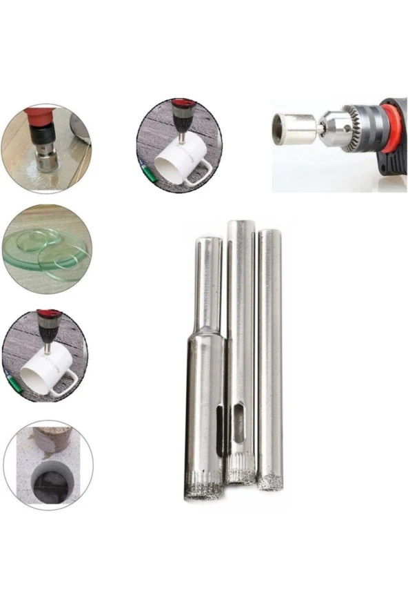 Mermer Granit Fayans Cam Yuvarlak Delme Pancı 3mm 4mm 8mm Elmas Uç Delik Açma Matkap Karot 3 Parça ürün görseli