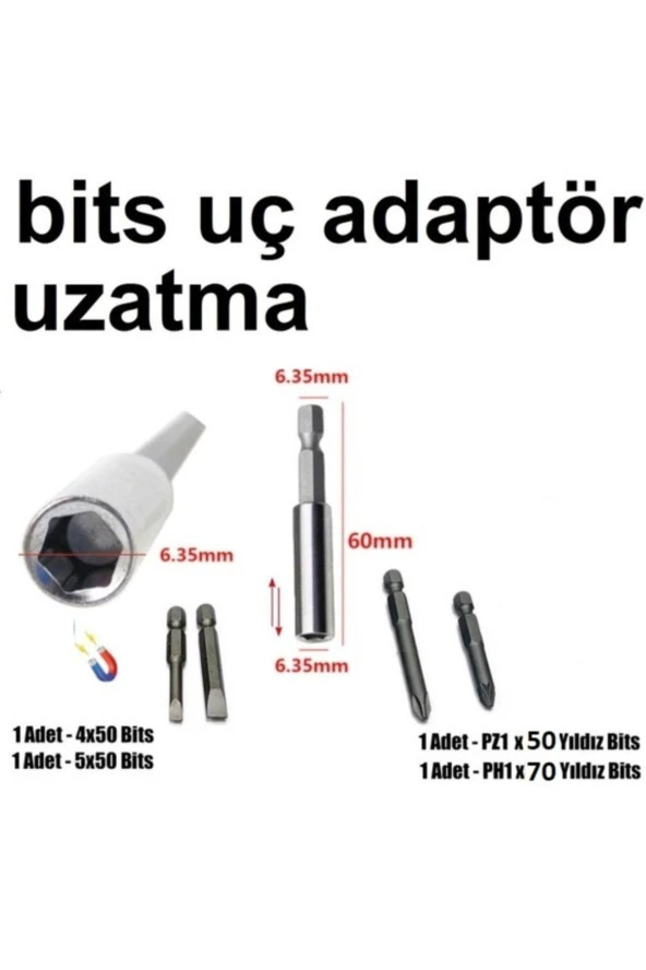 Depolife Mıknatıslı Bits Şaftlı Hızlı Değişim Uzatma Matkap Aparatı Metal Ahşap Düz 4 Adet Bits Uç Seti - 2