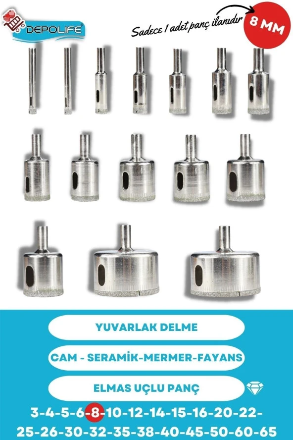 Depolife 8mm Mermer Granit Fayans Cam Yuvarlak Delme Panç Elmas Uç Yuvarlak Açma Matkap Için Karot - Resim 2