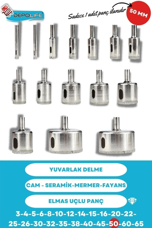 Depolife 50mm Mermer Granit Fayans Cam Yuvarlak Delme Panç Elmas Uç Yuvarlak Açma Matkap Için Karot - Resim 2