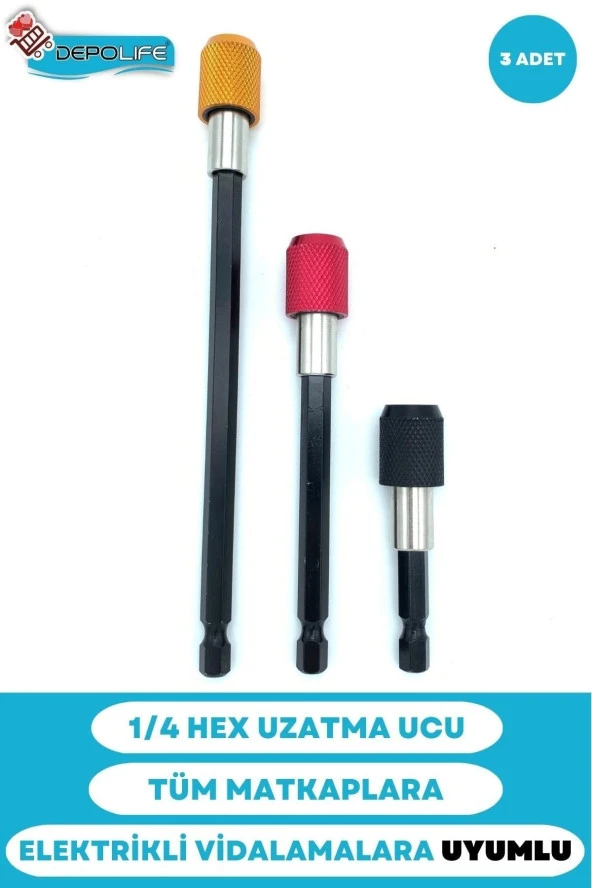 1/4 Bits Hex Altıgen Uçlu Uzatma Adaptörü Mıknatıslı Vidalama 3lü Set 6 10 15 Cm ürün görseli