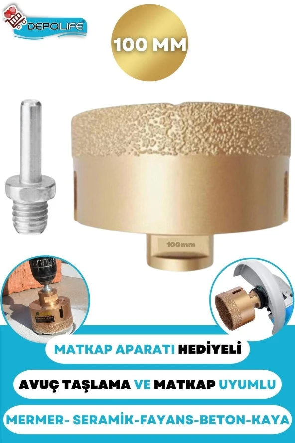 100mm Granit Mermer Seramik Fayans Beton Taş Delme Panç Spiral Avuç Taşlama Matkap Uyumlu M14 Aparat
