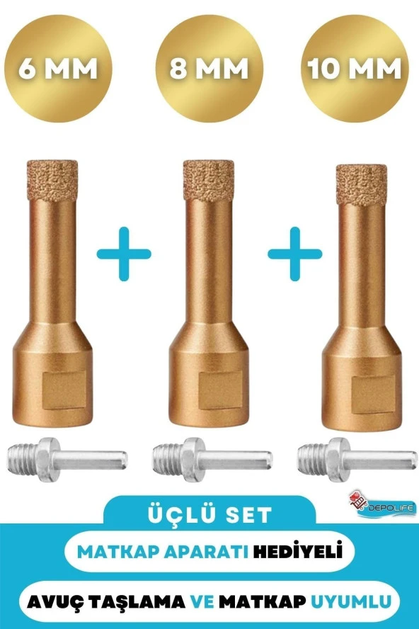 Depolife 6mm + 8mm + 10mm Granit Mermer Seramik Beton Taş Delme Panç Spiral Taşlama Matkap Uyumlu M14 Aparat ürün görseli 1