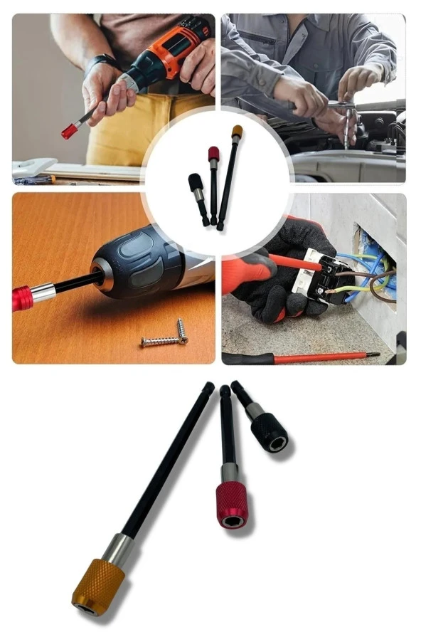 1/4 Bits Hex Altıgen Uçlu Uzatma Adaptörü Mıknatıslı Vidalama 3lü Set 6 10 15 Cm - Resim 3