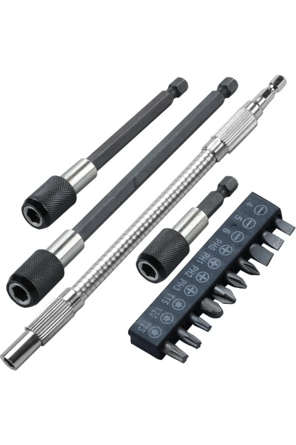 Hızlı Uç Tutucu 1/4 " 3 Parça Altıgen Şaft Manyetik Uç Tutucu Esnek Uzatma 10 Parça Tornavida Uc Set