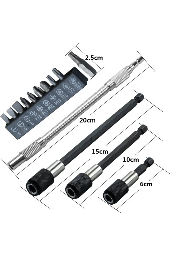 Depolife Hızlı Uç Tutucu 1/4 " 3 Parça Altıgen Şaft Manyetik Uç Tutucu Esnek Uzatma 10 Parça Tornavida Uc Set - Resim 2