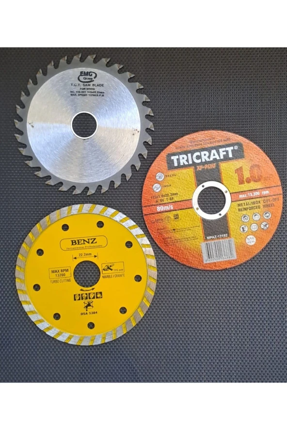 115mm Turbo Mermer Fayans Granit Ahşap Metal Kesme Disk Seti 115mm Sunta Kesim Diski 3lü