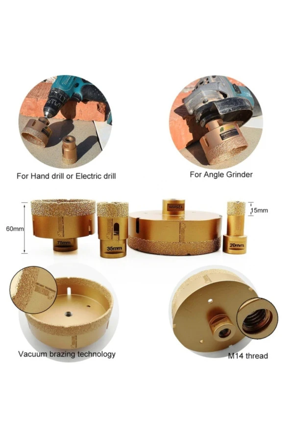 Mermer Granit Panç M14 Fayans Beton Pancı 110mm Sarı Elmas Delme Ucu Avuç Taşlama Uyumlu Karot - Resim 3