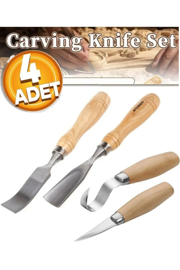 Depolife Ahşap oyma ıskarpela alet seti Kaşık Heykel Kuksa oval düz Oyma yontma kıvrık Bıçak 4 lü ürün görseli 1