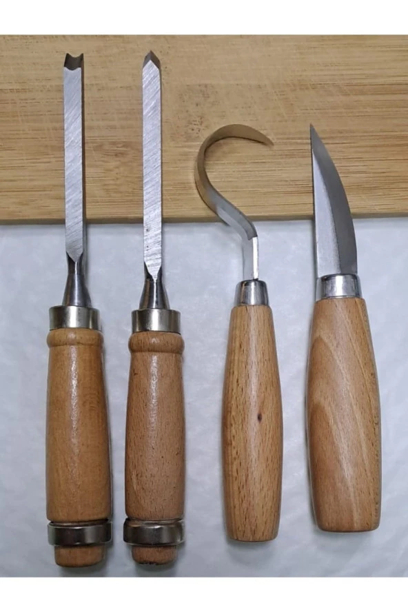 Depolife Ahşap oyma ıskarpela alet seti Kaşık Heykel Kuksa oval düz Oyma yontma kıvrık Bıçak 4 lü - 2