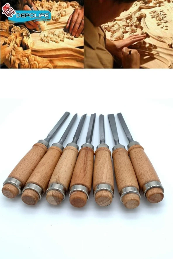 Depolife Ahşap Oyma Keski Iskarpela Bıçak Alet Seti Kaşık Kuksa Oval Oyma Yontma Torna Çakısı 7 Li Set - 3