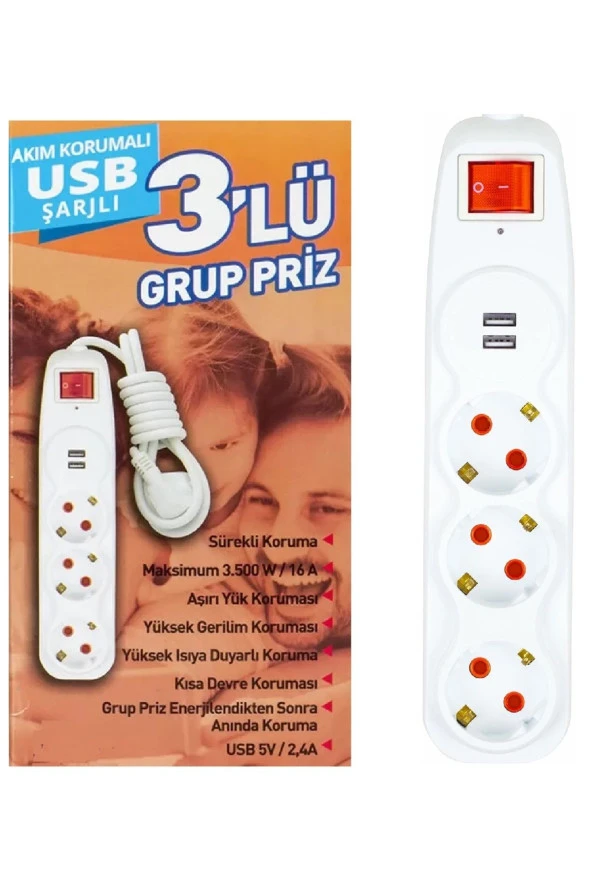 Üçlü Grup Priz Çocuk Akım Korumalı 2'li Usb'li 1,5 Mt Uzatma Kablolu Anahtarlı