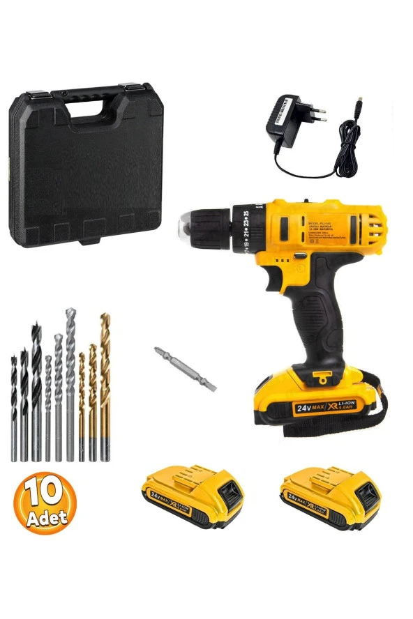 Depolife Şarjlı Kablosuz Matkap 24 Volt Akülü Torklu Vidalama Delme Sökme Takma 2 Akülü 10lu Matkap Ucu