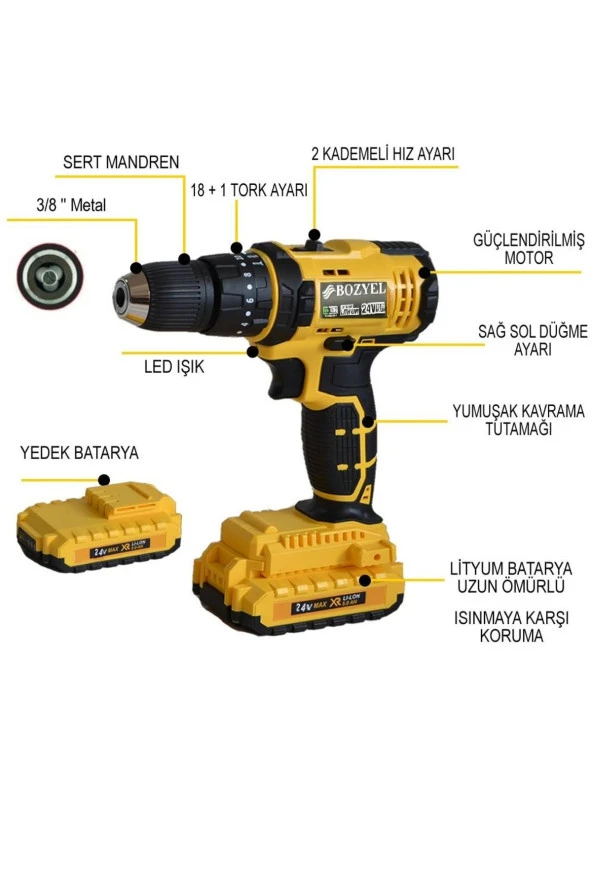 Depolife şarjlı darbeli matkap 24 volt çift akülü şansımanlı torklu matkap duvar beton ahşap delme vidalama - 3
