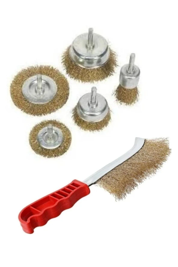 Depolife 6 Parça Pimli Matkap Için Tel Fırça Seti Pirinç Kaplı Saplı El Çelik Tel Fırça Silindir Konik Set
