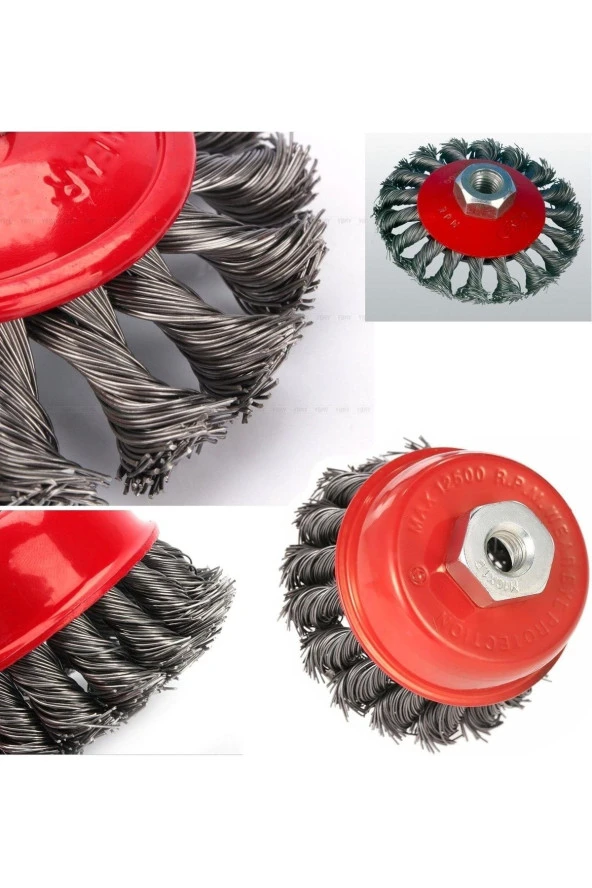 Depolife Avuç Taşlama Için (M14) Örgülü Çelik Tel Fırça Seti Burgulu Konik Ve Silindir 2 Parça - 2