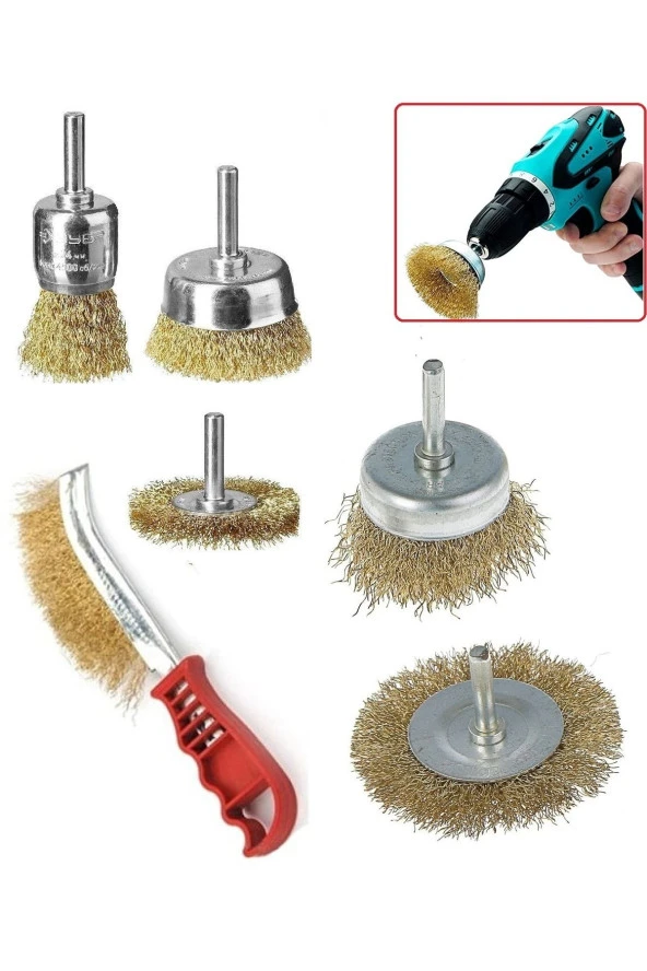 Depolife 6 Parça Pimli Matkap Için Tel Fırça Seti Saplı Çelik Tel Fırça Seti Silindir Konik Set