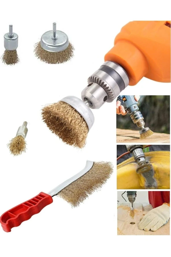 Depolife 6 Parça Pimli Matkap Için Tel Fırça Seti Pirinç Kaplı Saplı El Çelik Tel Fırça Silindir Konik Set - 2