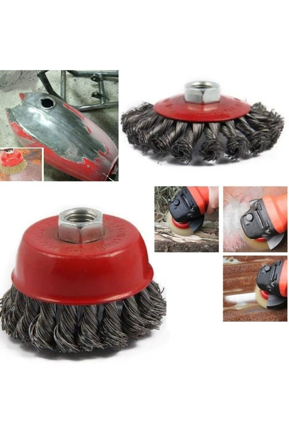Depolife Avuç Taşlama Için (M14) Örgülü Çelik Tel Fırça Seti Burgulu Konik Ve Silindir 2 Parça - 3