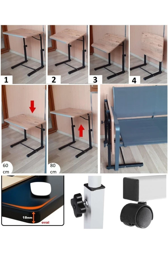 Depolife Tekerlekli Notebook Laptop Çalışma Sehpası Eğim Ve Yükseklik Ayarlı Akrobat Ders Yemek Çekyat Masası - 3