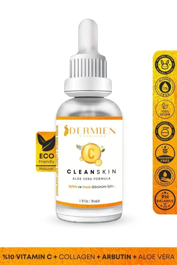 Dermien Cosmetics C Vitamini %10 Aydınlatıcı, Cilt Tonu Eşitleyici Aloe Vera, Collagen, Arbutin 30 ml Cilt Serumu