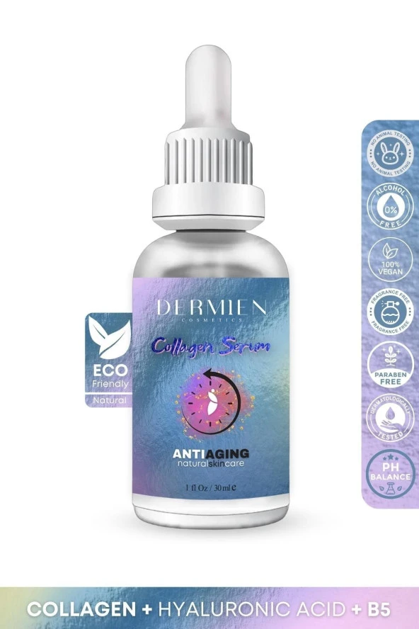 Dermien Cosmetics Yaşlanma Karşıtı, Aydınlatıcı, Kolajen, Hyaluronik Asit, B5 Cilt Bakım Serumu 30ml