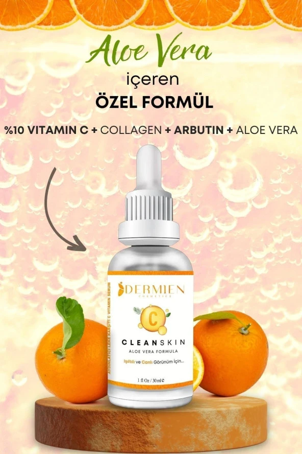 Dermien Cosmetics C Vitamini %10 Aydınlatıcı, Cilt Tonu Eşitleyici Aloe Vera, Collagen, Arbutin 30 ml Cilt Serumu - 2