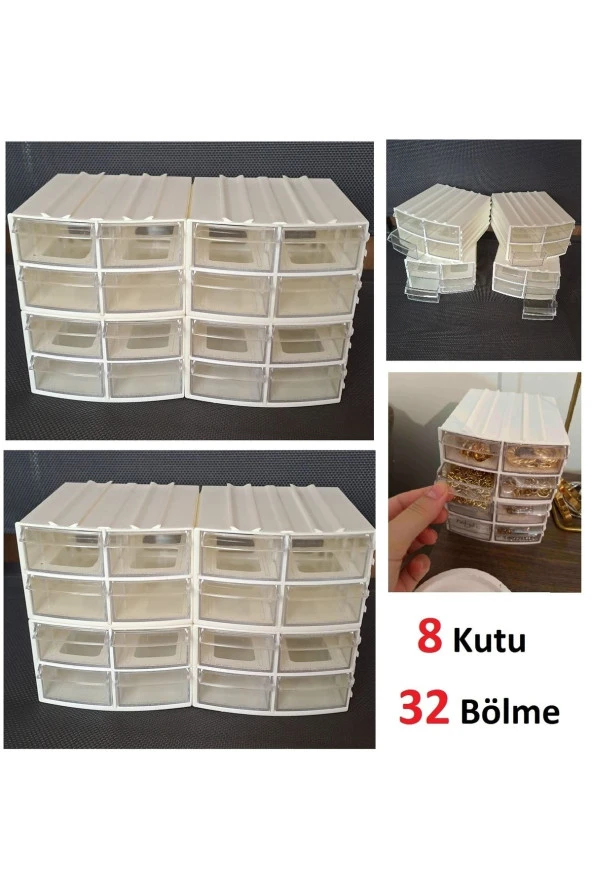 Depolife Şeffaf Çekmeceli Organizer Kutu 8 Kutu 32 Bölmeli Dremel Gravür Boncuk Mücevher Saklama Kutusu