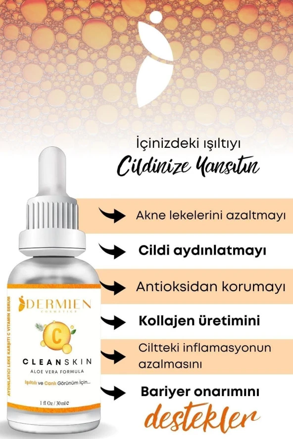 Dermien Cosmetics C Vitamini %10 Aydınlatıcı, Cilt Tonu Eşitleyici Aloe Vera, Collagen, Arbutin 30 ml Cilt Serumu - 3