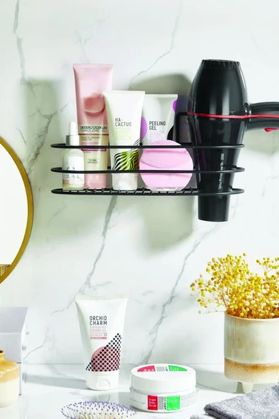 Paslanmaz Çelik Yapışkanlı Fönlü Duvar Rafı & Organizer & Banyo Duş Askısı - 2