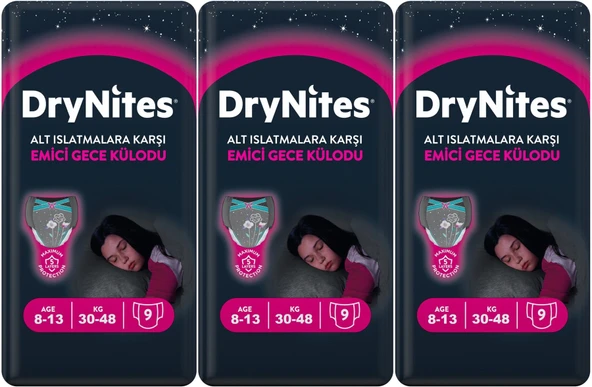 Drynites Emici Gece Külodu/Külot Bez Kız 8-13 Yaş 30-48KG Large 27 Adet 3PK*9 Alt Islatmalara Karşı