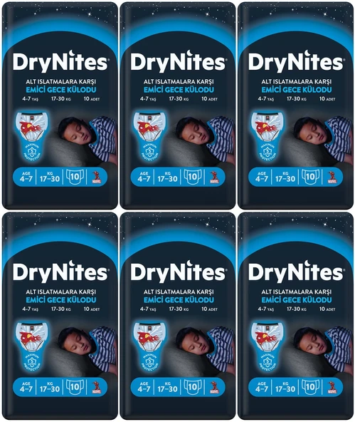 Drynites Emici Gece Külodu/Külot Bez Erkek 4-7 Yaş 17-30KG Small 60 Adet 6PK*10 AltIslatmalara Karşı
