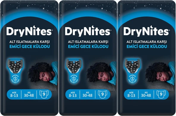 Drynites Emici Gece Külodu/Külot Bez Erkek 8-13 Yaş 30-48KG Large 27 Adet 3PK*9 AltIslatmalara Karşı