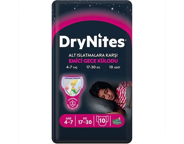 Drynites Emici Gece Külodu/Külot Bez Kız 4-7 Yaş (17-30KG) Large 10 Adet (Alt Islatmalara Karşı)
