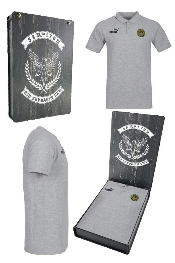 Fenerbahçe Orijinal Puma Gri Polo Yaka Hoca T-Shirt Hediyelik Ahşap Kutulu
