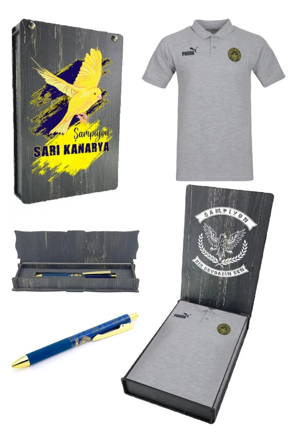 Fenerbahçe Orijinal Puma Gri Polo Yaka Hoca T-Shirt + Kalem Set Ahşap Kutulu