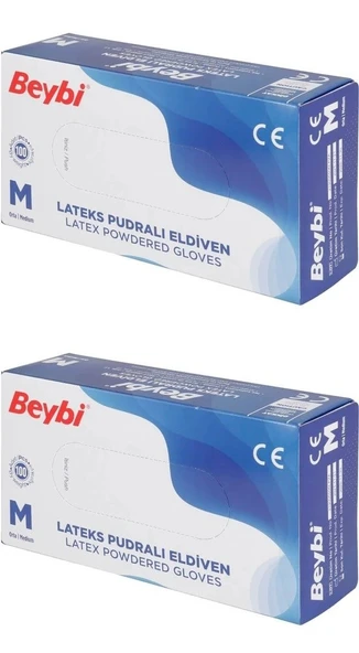 Beybi Lateks Pudralı Orta Boy (M) 100'lü 2 Paket Muayene Eldiveni