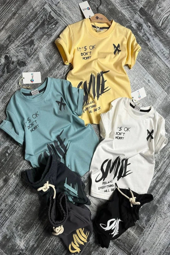 Smile Yazı Desenli Yeşil Renk Erkek Çocuk Şortlu Takım - 2