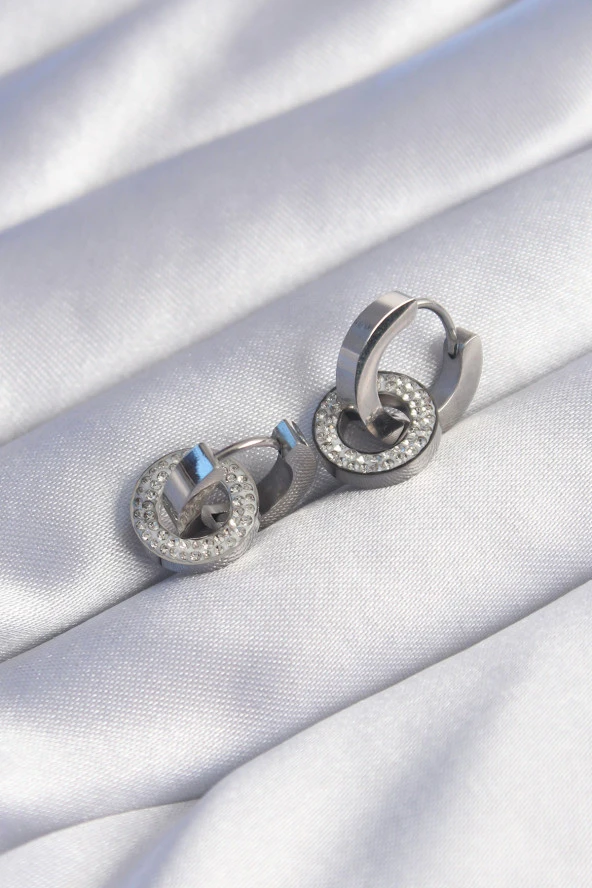 316L Çelik Gümüş Renk Zirkon Taşlı İç İçe Geçmeli Oval Küpe - EBJ240629W25034 - Resim 2